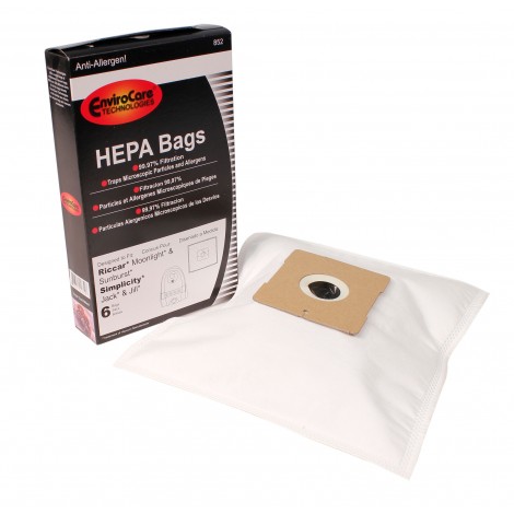 HEPA Microfilter Bag for Riccar Moonlight et Sunburst, Simplicity Jack et Jill  Vacuum - Pack of 6 Bags - Envirocare 852