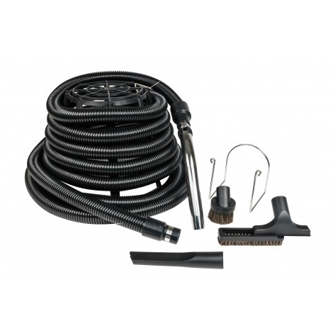 Garage Central Vacuum Kit - 40' (12 m) Hose with Metal Handle - Upholstery Brush - Dusting Brush - Crevice Tool - Hose Holder - Black