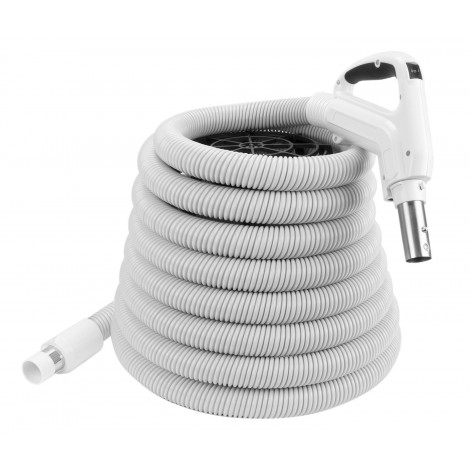 Boyau complet pour aspirateur central d'une longeur de 15 m (50') - diamètre de 1 3/8" - avec poignée pompe à gaz pivotante à 360° - 24V - blanc