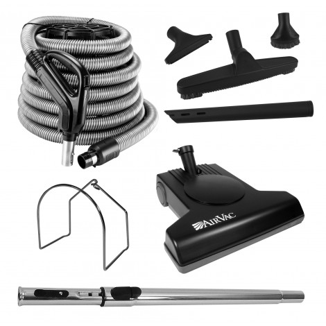 Central Vacuum Cleaner Kit - 30' (9 m) Hose with On/Off Switch - Air Nozzle - Mini Air Nozzle - Floor Brush - Upholstery Brush - Crevice Tool - Telescopic Wand - Metal Hose Hanger - Black