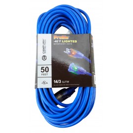 50' Extension Cord with Lighted Ends, 3-Wire Grounded, 14/3 SJTW, -40 C (-40 F) Cold Weather Jacket, Water & Flame Resistant, 15 A, 125 V, Blue