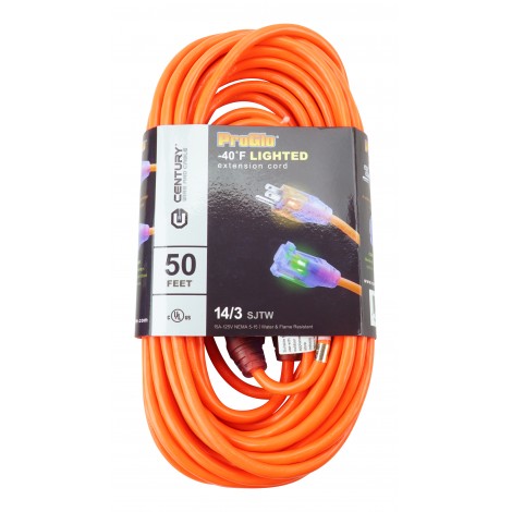 50' Extension Cord with Lighted Ends, 3-Wire Grounded, 14/3 SJTW, -40 C (-40 F) Cold Weather Jacket, Water & Flame Resistant, 15 A, 125 V, Orange