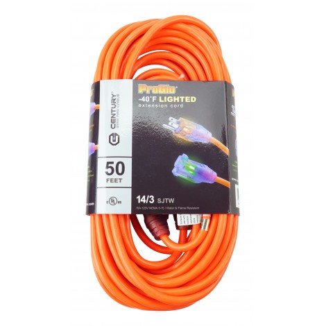 50' Extension Cord with Lighted Ends, 3-Wire Grounded, 14/3 SJTW, -40 C (-40 F) Cold Weather Jacket, Water & Flame Resistant, 15 A, 125 V, Orange