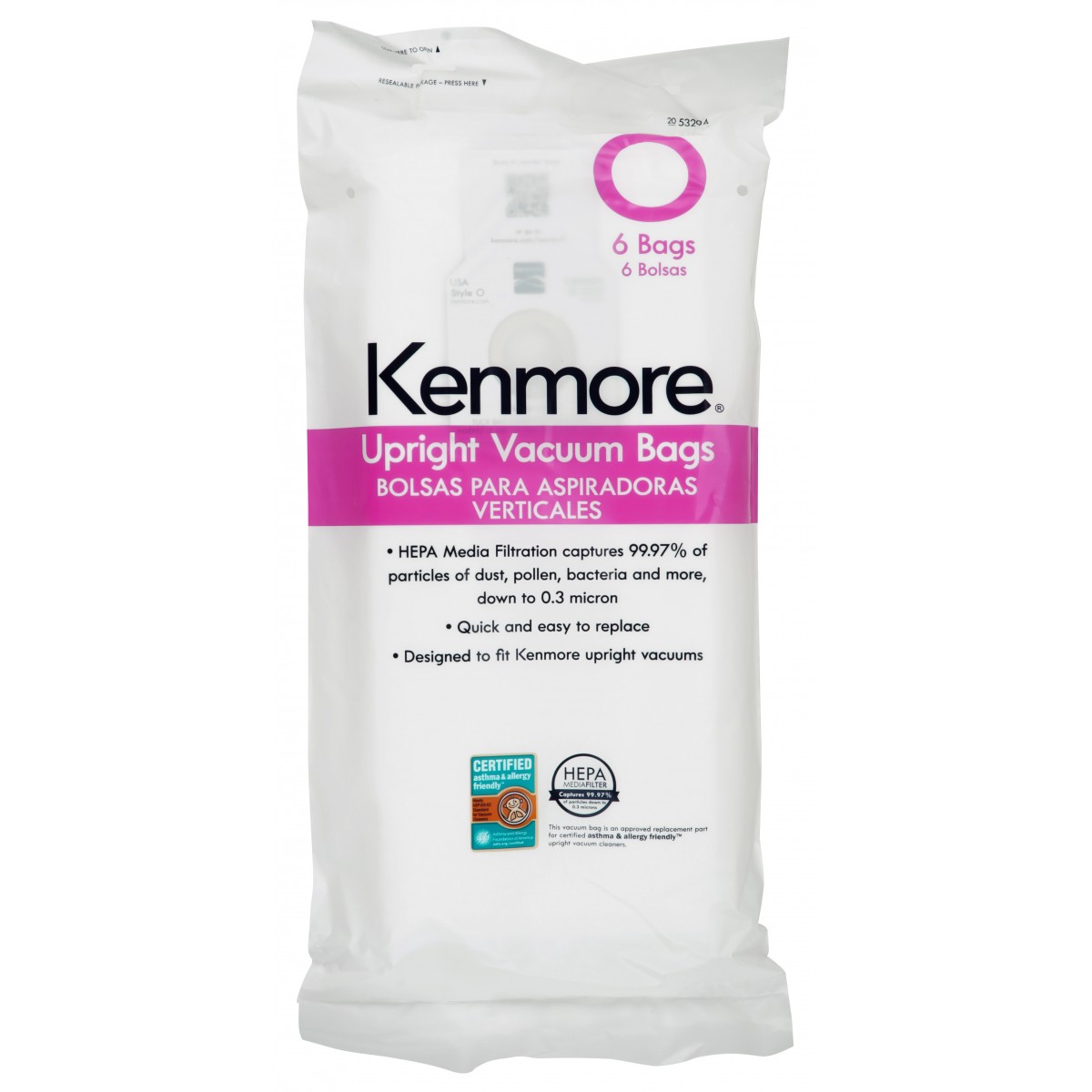 Kenmore 53294 Style O HEPA Cloth Vacuum Bags Upright Vacuum Cleaners 6 Pack 