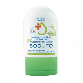 Nettoyant antibactérien pour les mains de Sopuro - fragrance de thé citronné - gel hydratant enrichi d'aloès - format de poche (25 ml)