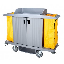 Large Capacity Janitorial Cart with Lockable Doors - Three Shelves - Swivel Wheels - Grey