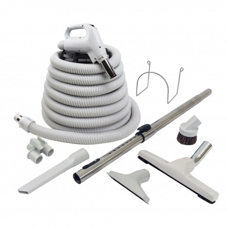 Central Vacuum Kit - 30' (9 m) Hose - Floor Brush - Upholstery Brush - Crevice Tool - Telescopic Wand - Hose and Tools Hangers - Grey