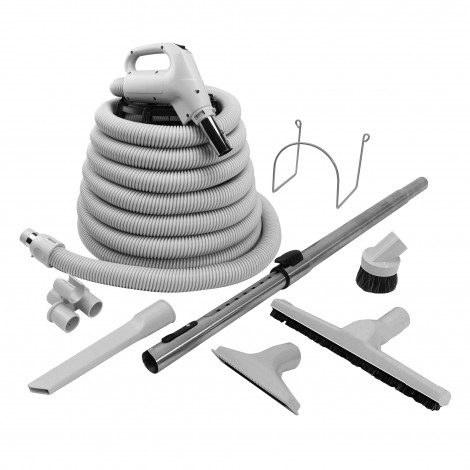Ensemble pour aspirateur central - boyau 12 m (40') - brosse à plancher avec roues - brosse à épousseter - brosse pour meubles - outil de coins - manchon télescopique - supports pour boyau et outils - gris