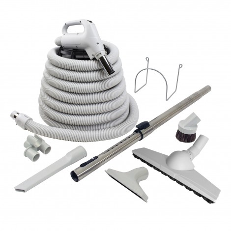 Central Vacuum Kit - 40' (12 m) Hose - Floor Brush Wessek-Werk - Dusting Brush - Upholstery Brush - Crevice Tool - Telescopic Wand - Hose and Tools Hangers - Grey