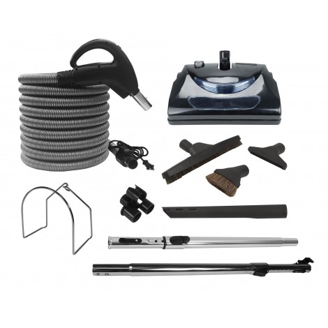 Central Vacuum Accessories Kit - 30' (9,14 m) Electrical Hose - Power Nozzle - Floor Brush - Dusting Brush - Upholstery Brush - Crevice Tool - 2 Telescopic Wands - Hose and Tools Hanger