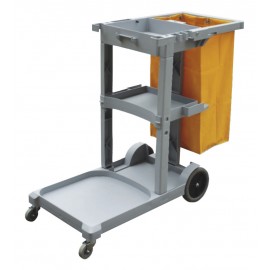 Janitor Cart with Front Casters & Non-Marking Rear Wheels - Polyester Garbage Bag Support - 3 Shelves - Grey