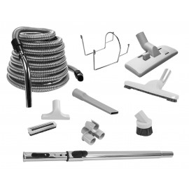 Central Garage Vacuum Kit - 35' (10,6 m) Hose - Floor Brush - Dusting Brus - Upholstery Brush - Crevice Tool - Telescopic Wand - Hose and Tools Hangers - Grey