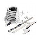 Central Vacuum Cleaner Kit - 30' (9 m) Hose - Gas Pump Handle - Floor Brush - Dusting Brush - Upholstery Brush - Crevice Tool - Telescopic Wand - Plastic Tool Caddy on Wand - Metal Hose Hanger - Grey