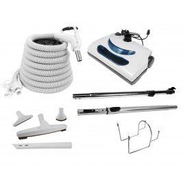 Central Vacuum Accessories Kit - 30' (10,6 m) Electrical Hose - Power Nozzle - Floor Brush - Dusting Brush - Upholstery Brush - Crevice Tool - 2 Telescopic Wands - Hose and Tools Hanger