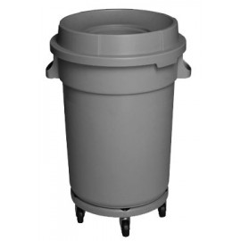 Round Trash Garbage Can Bin with Lid - Drum Dolly - 32 gal (145 L) - Grey