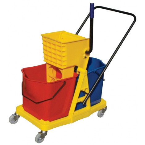 Mobile Mopping Trolley with Buckets and  Side Press Wringer - 12 gal (46 L) - Red, Blue and Yellow