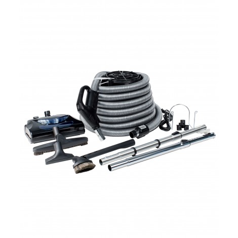 Central Vacuum Kit - 35' (10 m) Silver Electric Hose - Black Power Nozzle - Floor Brush - Dusting Brush - Upholstery Brush - Crevice Tool - 2 Telescopic Wands - Hose and Tools Hanger - Black