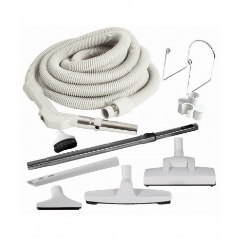 Ensemble pour aspirateur central - boyau 10 m (35') - balai à air Wessel-Werk - brosse à plancher - brosse à épousseter - brosse pour meubles - outil de coins - manchon télescopique - supports pour boyau et outils - gris