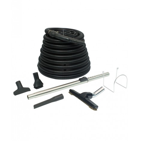 Central Vacuum Kit for Garage - 30' (9 m) Hose - Floor Brush - Upholstery Brush - Dust Brush - Metal Telescopic Wand - Metal Hose Hanger - Black