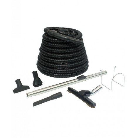 Ensemble pour aspirateur central pour garage - boyau de 9 m (30') - brosse à plancher - brosse pour meubles - brosse à épousseter - outil de coins - manchon télescopique en métal  - support à boyau en métal - noir