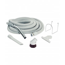 Central Vacuum Kit for Garage - 30' (9 m) Hose - Dusting Brush - Upholstery Brush - Crevice Tool - Metal Hose Hanger - Grey