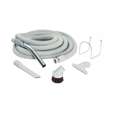 Central Vacuum Kit for Garage - 30' (9 m) Hose - Dusting Brush - Upholstery Brush - Crevice Tool - Metal Hose Hanger - Grey