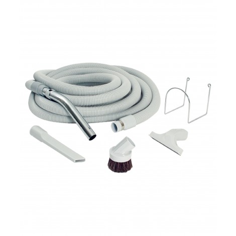 Ensemble pour aspirateur central de garage - boyau de 9 m (30') avec bouton-barrure - brosse à épousseter - brosse pour meubles - outils de coins - support à boyau en métal - gris