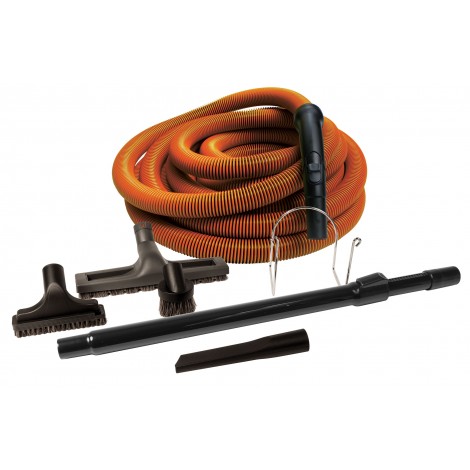 Ensemble pour aspirateur central - boyau 9 m (30') de couleur orange - brosse à plancher - brosse à épousseter - brosse pour meubles - outils de coins - manchon télescopique en plastique - support en métal pour boyau - noir