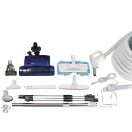 Central Vacuum Kit - 30'  (9 m) Electrical Hose - Blue Power Nozzle - Mini Air Nozzle - Floor Brush - Dusting Brush - Upholstery Brush - Microfiber Brush - Telescopic Wand - Hangers - Grey