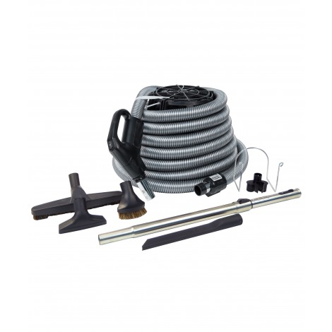 Central Vacuum Kit - 35' (10 m) Silver Hose - Floor Brush - Dusting Brush - Upholstery Brush - Crevice Tool - Telescopic Wand - Hose and Tools Hangers - Black