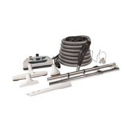 Central Vacuum Kit - 35' (10 m) Silver Electrical Hose - Power Nozzle - Floor Brush - Dusting Brush - Upholstery Brush - Crevice Tool - 2 Telescopic Wands - Hose and Tools Hangers - Grey
