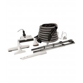 Central Vacuum Kit - 35' (10 m) Silver Electrical Hose - SEBO Power Nozzle - Floor Brush - Dusting Brush - Upholstery Brush - Crevice Tool - 2 Telescopic Wands - Hose and Tools Hangers - Grey