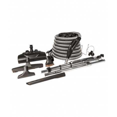 Central Vacuum Kit - 35' (10 m) Silver Electrical Hose - Wessel-Werk Power Nozzle - Floor Brush - Dusting Brush - Upholstery Brush - Crevice Tool - 2 Telescopic Wands - Hose and Tools Hangers - Black