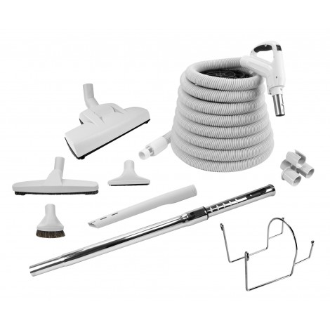 Central Vacuum Kit - 30' (9 m) Silver Electrical Hose - Wessel-Werk Air Nozzle - Floor Brush - Dusting Brush - Upholstery Brush - Crevice Tool - Telescopic Wand - Hose and Tools Hangers - Grey