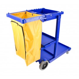 Janitor Cart with Front Casters & Non-Marking Rear Wheels - Polyester Garbage Bag Support - 3 Shelves - Blue