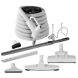 Ensemble pour aspirateur central - boyau 12 m (40') poignée pompe à gaz - balai à air Wessel-Werk - brosse à plancher - brosse à épousseter - brosse pour meubles - outil de coins - manchon télescopique - supports à boyau et outils - gris