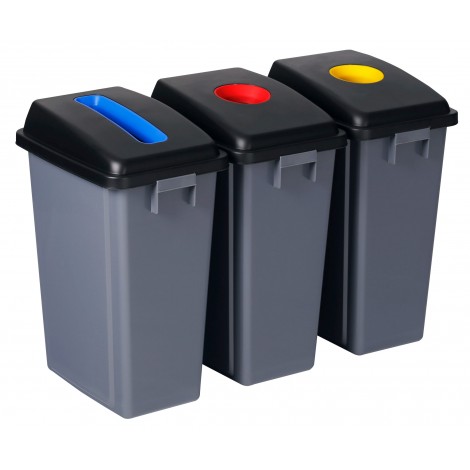 Recycling Station - 3 Bins - Sorting by Color - Capacity of 13.2 gal  (60 L) Each - Grey