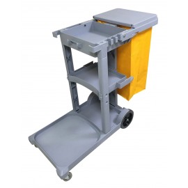 Janitor Cart with Front Casters & Non-Marking Rear Wheels - Polyester Garbage Bag Support - 3 Shelves - Grey