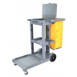 Chariot de concierge avec roues avant pivotantes et roues arrières non marquantes - support pour sac à déchets en polyester - 3 tablettes - gris