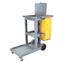 Chariot de concierge avec roues avant pivotantes et roues arrières non marquantes - support pour sac à déchets en polyester - 3 tablettes - gris