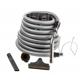 Ensemble pour aspirateur central de garage - boyau 10 m (35") argent - brosse à épousseter - brosse pour meubles - outil de coins - support à boyau en métal - noir