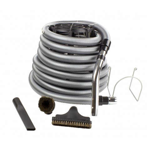 Central Vacuum Kit for Garage - 35' (10 m) Silver Hose - Dusting Brush - Upholstery Brush - Crevice Tool - Metal Hose Hanger - Black