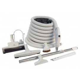 Ensemble pour aspirateur central - boyau 9 m (30') poignée pompe à gaz - balai à air - brosse à plancher - brosse à épousseter - brosse pour meubles - outil de coins - manchon téléscopique - supports pour boyau et outils - gris