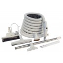 Ensemble pour aspirateur central - boyau 10 m (35') - balai à air - brosse à plancher - brosse à épousseter - brosse pour meubles - outil de coins - manchon téléscopique - supports pour boyau et outils - gris