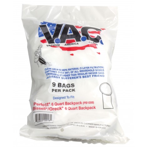 HEPA Microfilter Vacuum Bag for Back Pack - Perfect PB1006 - Bissel 6 Quarts - Oreck 6 Quarts - Pack of 9 Bags - Vac19