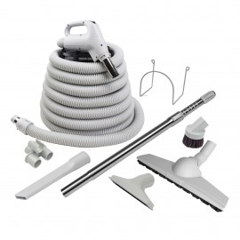 Ensemble pour aspirateur central - boyau 10 m (35') - brosse à plancher Wessel-Werk - brosse à épousseter - brosse pour meubles - outil de coins - manchon télescopique - supports à boyau et outils - gris