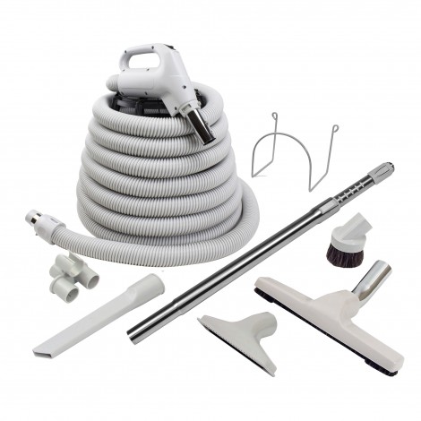 Ensemble pour aspirateur central - boyau 10 m (35') - brosse à plancher - brosse à épousseter - brosse pour meubles - outil de coins - manchon télescopique - supports pour boyau et outils - gris