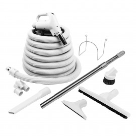 Central Vacuum Kit - 40' (12 m) Hose - Floor Brush with Wheels - Dusting Brush - Crevice Tool - Telescopic Wand - Hose and Tools Hangers - Grey
