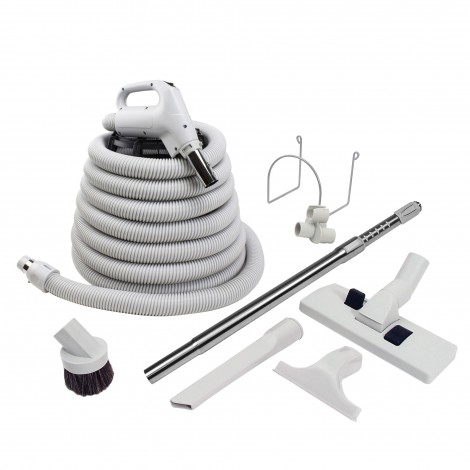 Ensemble pour aspirateur central - boyau 9 m (30') - brosse combinée à tapis et plancher Wessel-Werk  - brosse à épousseter - brosse pour meubles - outil de coins - manchon télescopique - supports à boyau et outils - gris