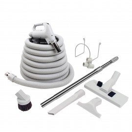 Ensemble pour aspirateur central - boyau 10 m (35') - brosse combinée tapis plancher Wessel-Werk - brosse à épousseter - brosse pour meubles - outil de coins - manchon télescopique - supports à boyau et outils - gris